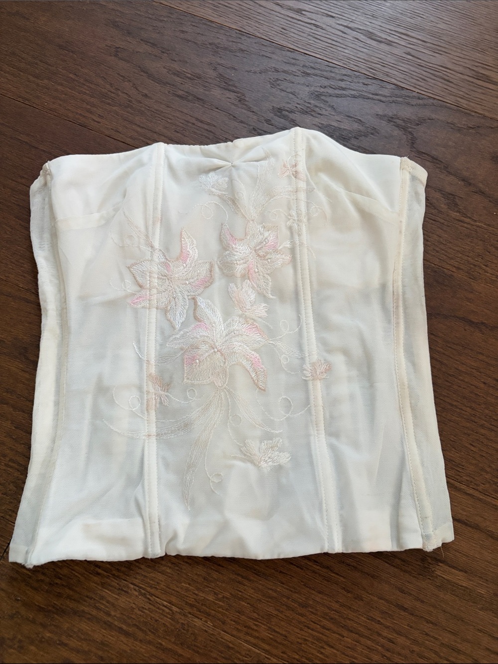 Sheer Embroidered Bandeau Corset - White/Cream with Pink Accents